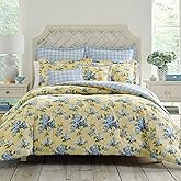 Laura Ashley - Twin Duvet Cover Set, Reversible Cotton Bedding with Matching Sham, Includes Bonus Euro Sham & Throw Pillow Covers (Cassidy Yellow, Twin)