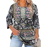 LOMON Plus Size Women Blouses 3/4 Length Sleeve Tops Crewneck Pleated Casual Tees Shirts 1X-5X
