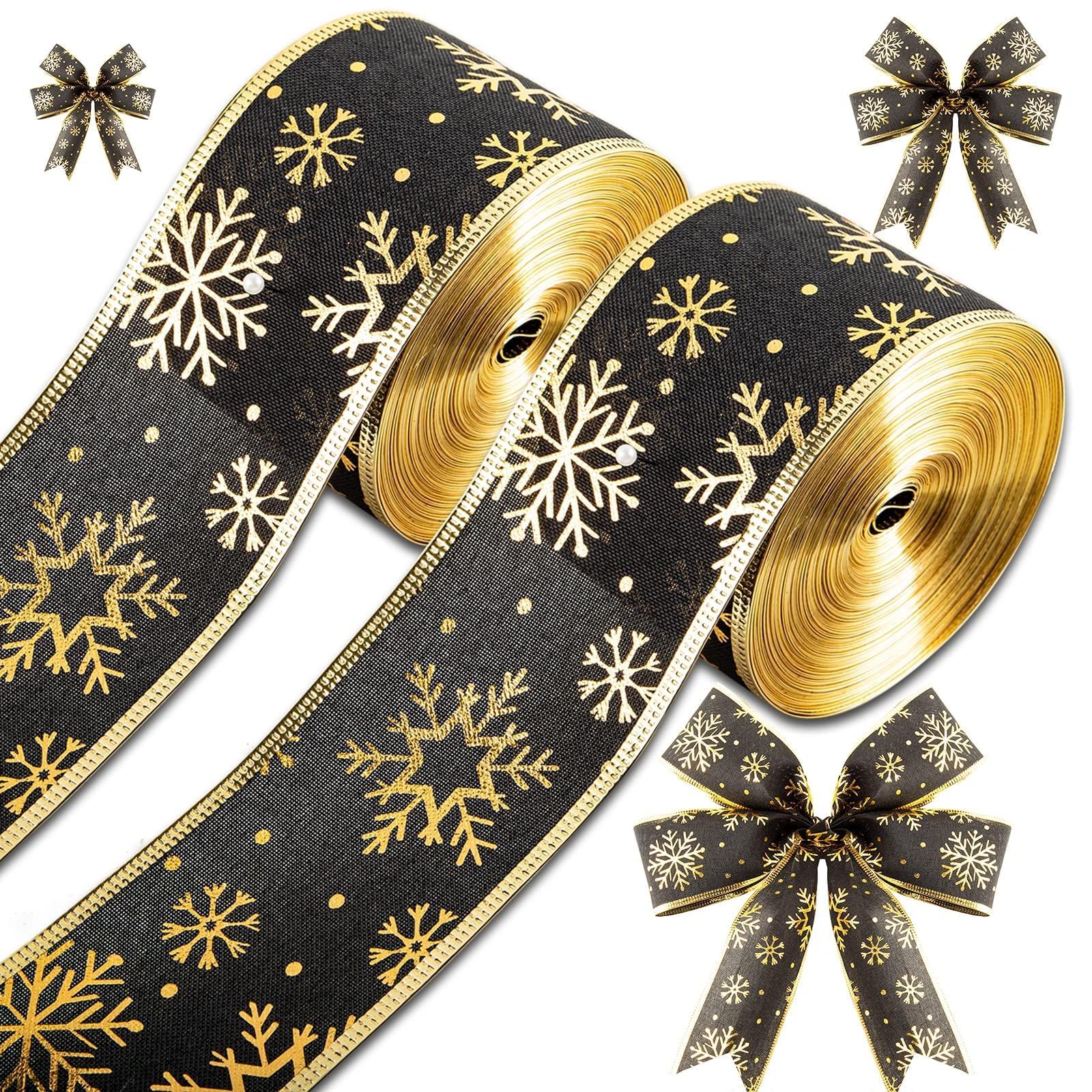 Photo 1 of 2 Rolls 40 Yards Christmas Snowflake 2.5 Inch Black & Gold Wired Glitter Ribbon for Tree & Party Decoration