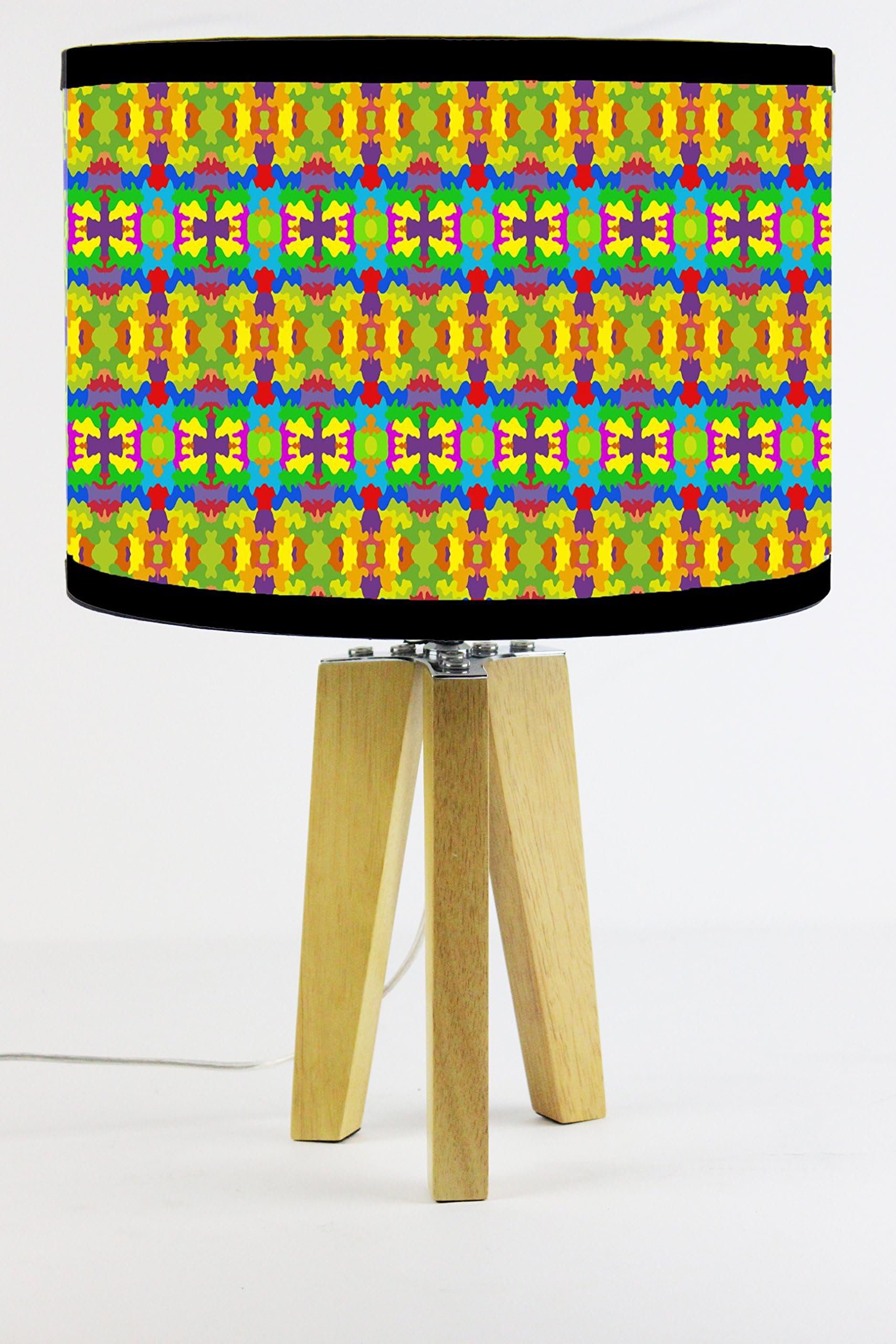 Modern Natural Wood Tripod Base Table Lamp Handmade Printed Shade Retro Geometric Design Multi Coloured Lampshade