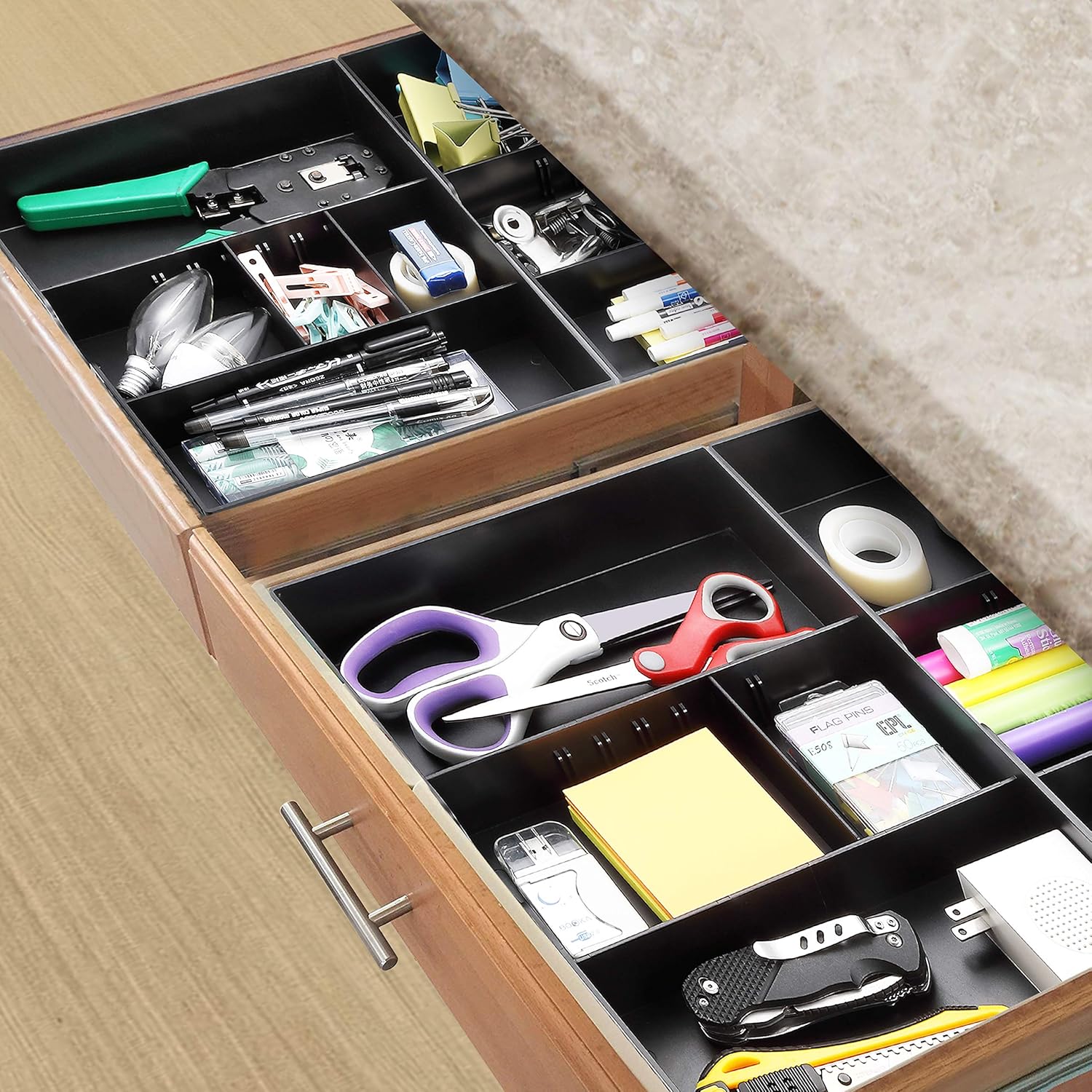 CAXXA 3 Slot Drawer Organizer with Two Adjustable Dividers - Junk Drawer Storage for Office Desk Supplies and Accessories, Black (1 Pack): Home Improvement
