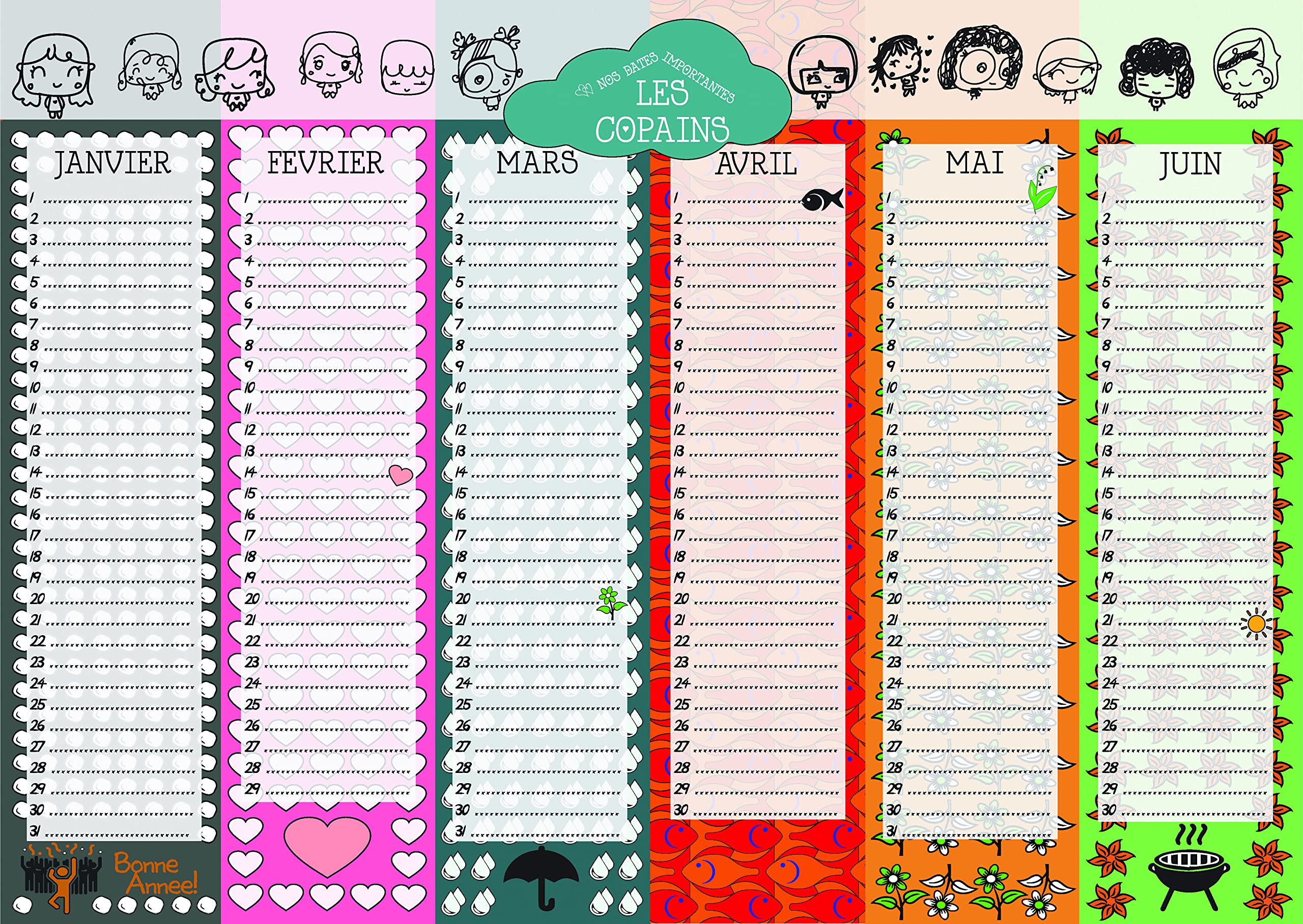 Birthday Calendar - Perpetual Calendar for Birthdays - 30 x 42 cm - No Year (Friends)
