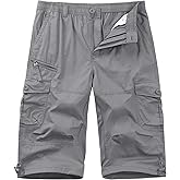 Cotrasen Men's Cargo Shorts Cotton Casual Below Knee Long Shorts Twill Elastic 3/4 Capri Pants with 7 Pockets