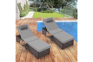 HOMREST PE Wicker Chaise Lounge Chairs Set of 2,Adjustable 5 Position Outside Rattanr Patio Pool Chair with Headrest,Cushion and Storage Rack for Poolside Backyard Porch,Grey