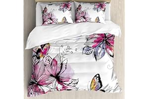 Ambesonne Floral Duvet Cover Set, Flower Blooms Botany Bouquets with Colorful Butterflies Paintbrush Watercolor Print, Decorative 3 Piece Bedding Set with 2 Pillow Shams, King Size, Pink Black
