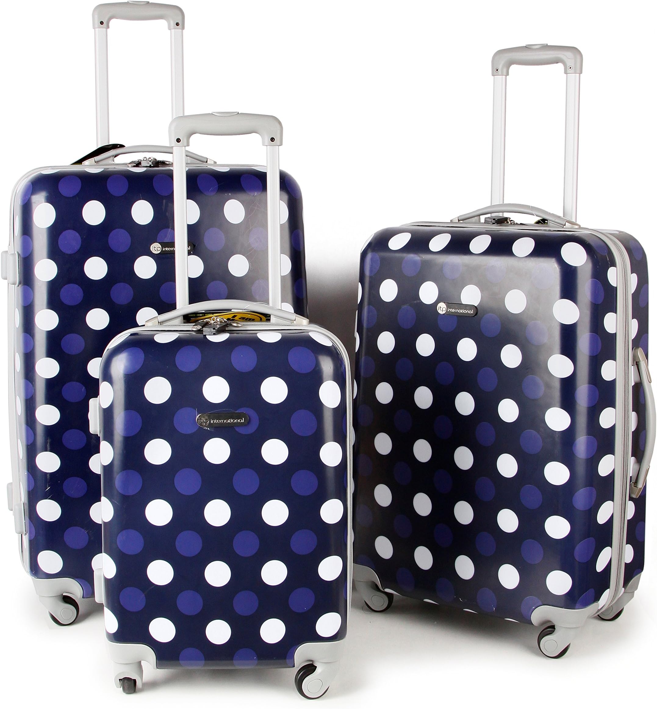 Large ABS Hardshell 4 Wheels Spinner in Navy & White Polka Dots