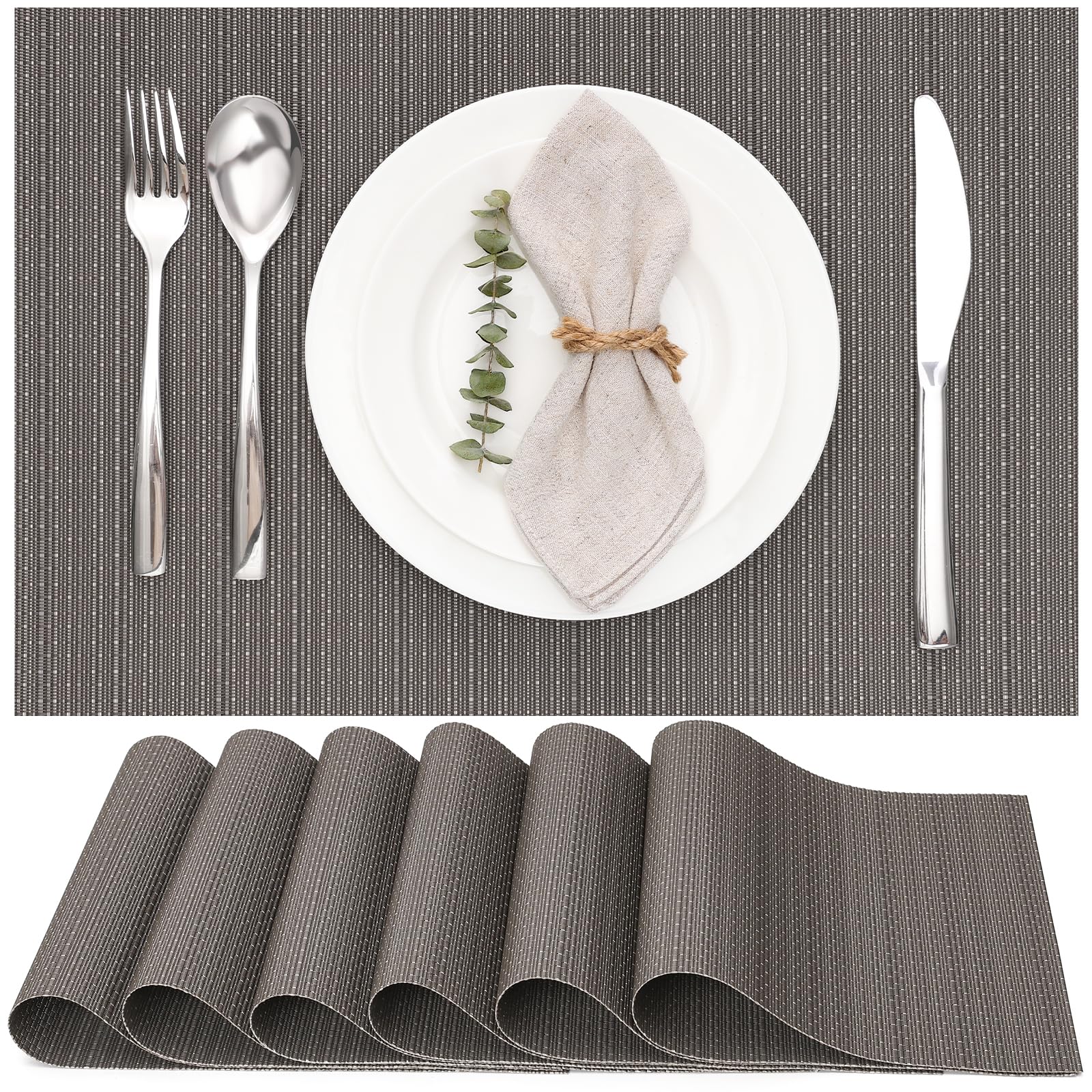 Myir JUN Table Mats Set of 6, Place Mats Table Placemats Washable Non-slip Heat Insulation Woven Vinyl for Kitchen Dinning Restaurant 17"X12" (Dark Gray)