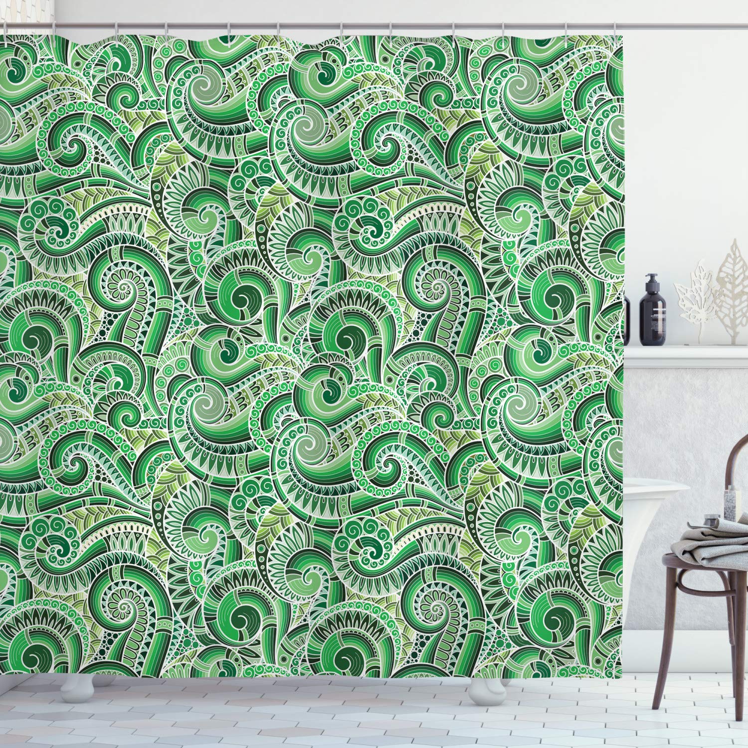 ABAKUHAUS Asian Shower Curtain, Classic Design Swirl Doodle Floral Illustration Curvy Outline Mehndi Style Retro, Cloth Fabric Bathroom Decor Set with Hooks, 78 Inches, Green Black