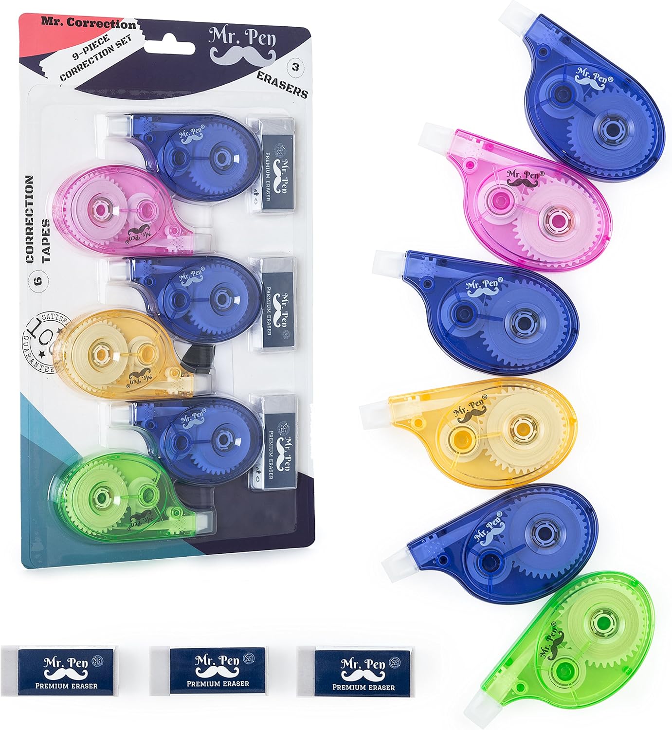 Mr. Pen– 9 Pcs Correction Set, 6 Correction Tapes, 393 inches Each with 3 Free Bonus Erasers, Tear Resistant Correction Tape, Correction Tape White Tape, tape eraser (Correction Tapes) : Office Products