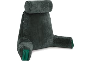 Husband Pillow Medium Dark Green, Backrest Kids, Teens, Petite Adults - Reading Pillows with Arms, Adjustable Loft, Plush Memory Foam, Bed Rest Chair Sitting Up, Detach Neck Roll, Removable Cover