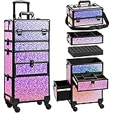 GALHUBIS Makeup Train Case with Drawer, Rolling Makeup Case, Cosmetology Case on Wheels, Gift, Large Makeup Case Organizers, Professional for Salon Barber, Nail, Tattoo, Black Colourful