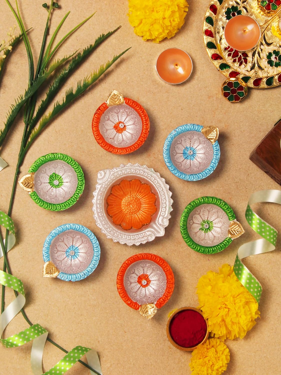 Oil Lamps & Accessories - Premium Handmade Terracoaat Set of 7 Multicolor Clay Diya for Diwali/Navratri Decorations Oil Lamp Diwali Clay Diya Tea Light Holder Home Decor Festival Gifts Puja Items
