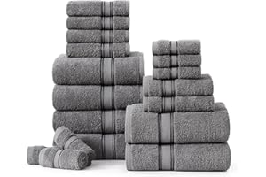 LANE LINEN 100% Mercerized Cotton Bath Towels Set of 18 – Zero Twist, 6 Bath, 6 Hand Towel & 6 Washcloths, Soft, Ideal for Spa Hotel & Home, Gentle on Body, Durable After Multiple Washes – Cool Grey