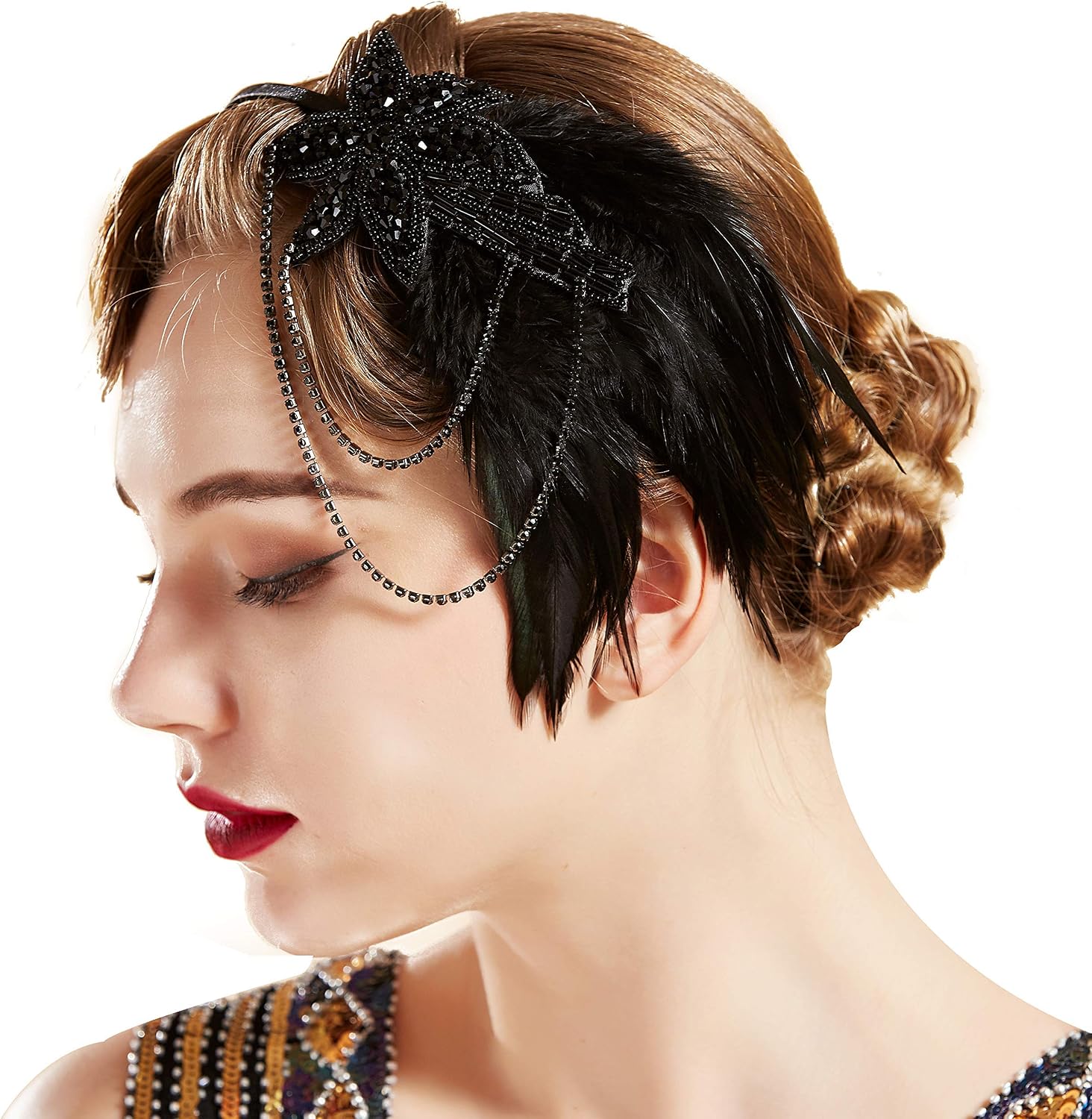 BABEYOND Vintage 1920s Headband 1920s Headpiece Feather Beaded Headband Crystal Flapper Headpiece Great Gatsby Costume Accessories Roaring 20's Accessories (Black) - Image 5