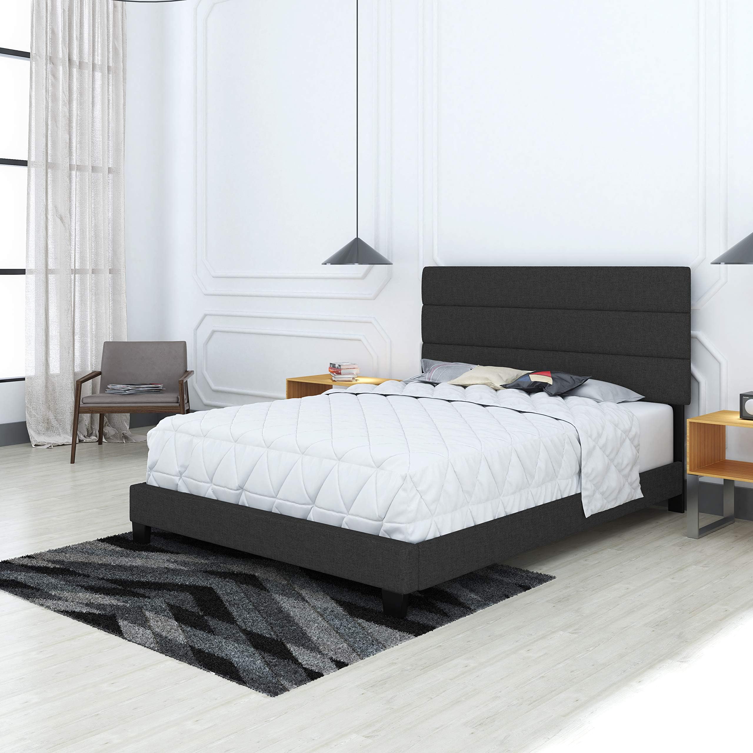 Boyd Sleep Sicily Upholstered Platform Bed Frame Mattress Foundation with Tri-Panel Headboard and Strong Wood Slat Supports: Linen, Black, Queen