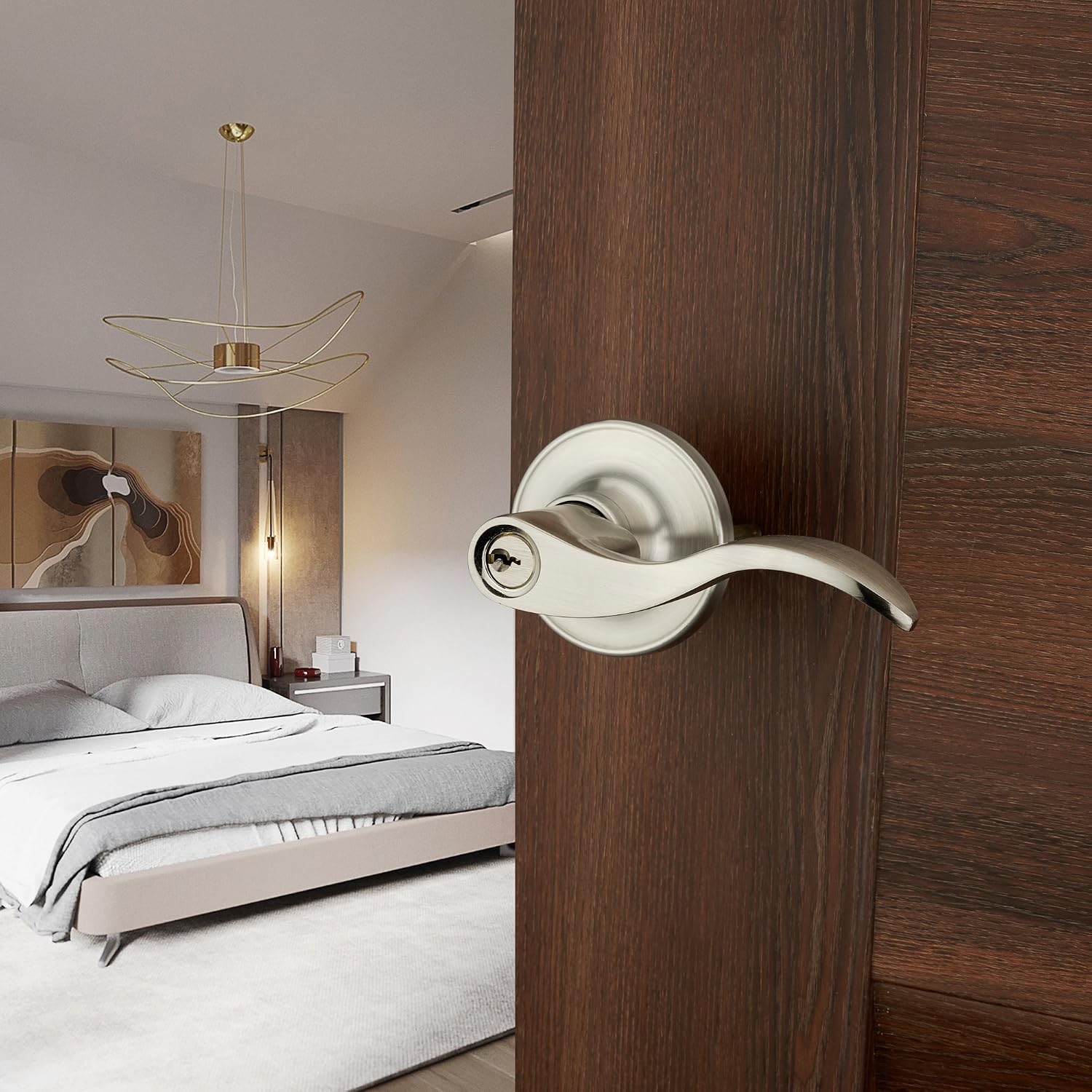 HENYIN Wave Lever Keyed Entry Door Lock/Door Knob Hardware Wave Handle and Closet Lockset(805SN-R), Silver - Image 5