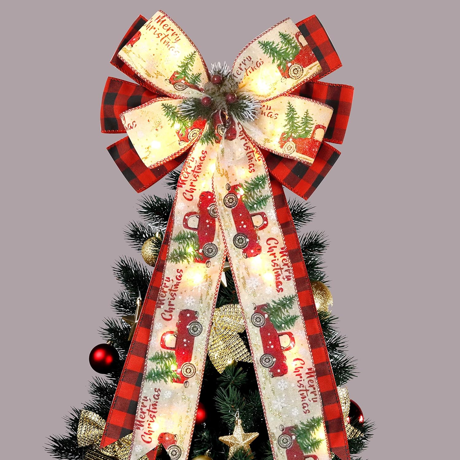 Bows & Ribbons - Christmas Tree Topper Bow with 30 LED Lights Decorations, 13”x25” Xmas Large Red Black Buffalo Plaid Rustic Farmhouse Wreath Bows with Truck Berries Pine Cones Pine Needles for Front Door Outdoor
