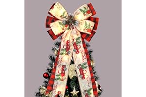 HONGSOME Christmas Tree Topper Bow with 30 LED Lights Decorations, 13”x25” Xmas Large Red Black Buffalo Plaid Rustic Farmhouse Wreath Bows with Truck Berries Pine Cones Pine Needles for Front Door Outdoor
