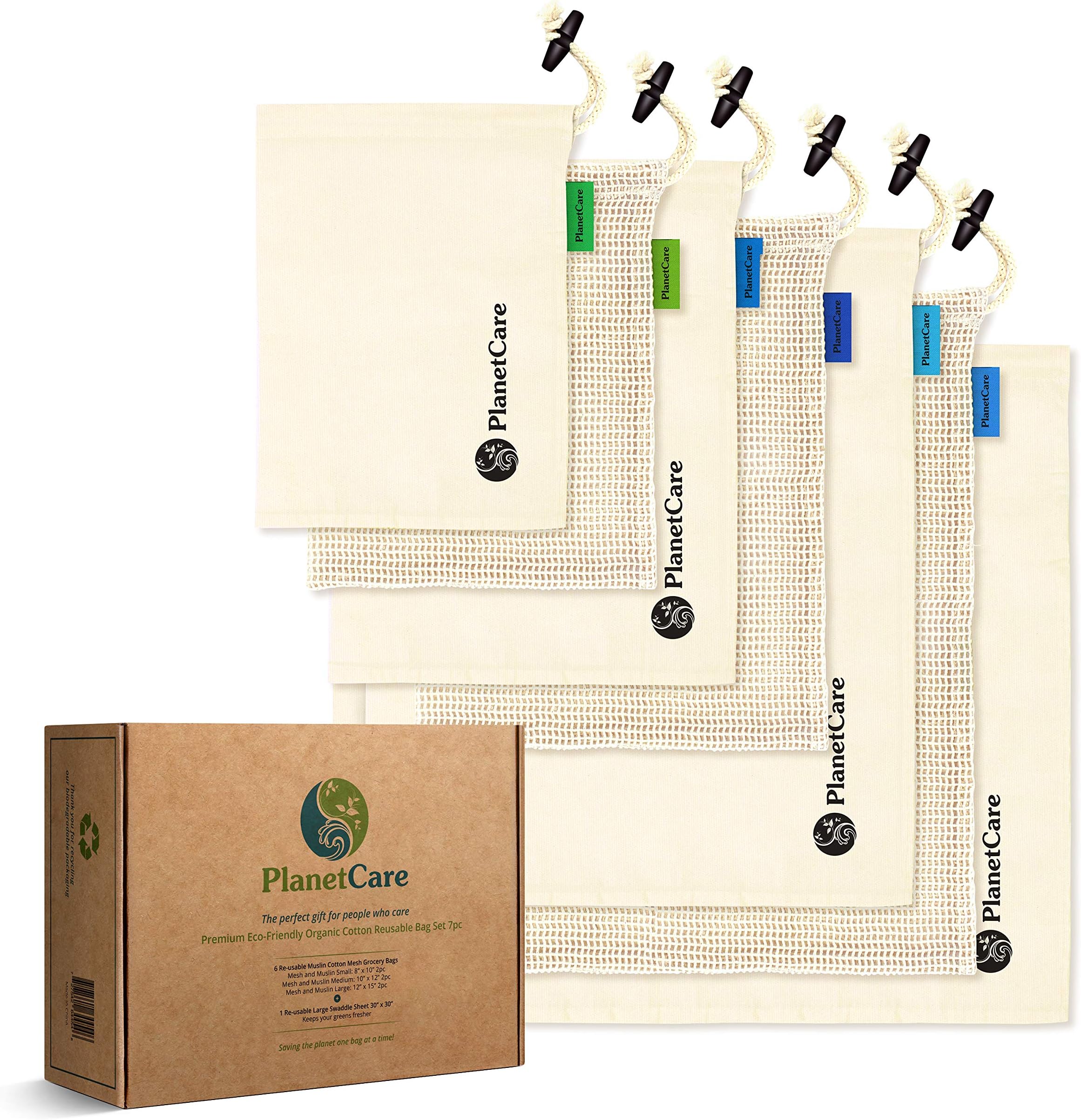 PlanetCare Premium Reusable Produce Bags: 7pc Set: Mesh Produce Bags 100% Organic Cotton with Swaddle Sheet for fresh leafy green vegetables:Cotton Bags for veggies, fruit, storage & grocery shopping