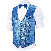 Pixiemain Sequin Vest Party Formal V-neck Shiny Waistcoat Bowtie Set for Wedding Events Mardi Gras St Patricks day Carnival