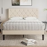 VECELO Queen Bed Frame with Upholstered Tufted Headboard, Beige | Queen bed frame with headboard, Upholstered platform, Wooden slats, Sturdy metal frame, No box spring, Easy assembly