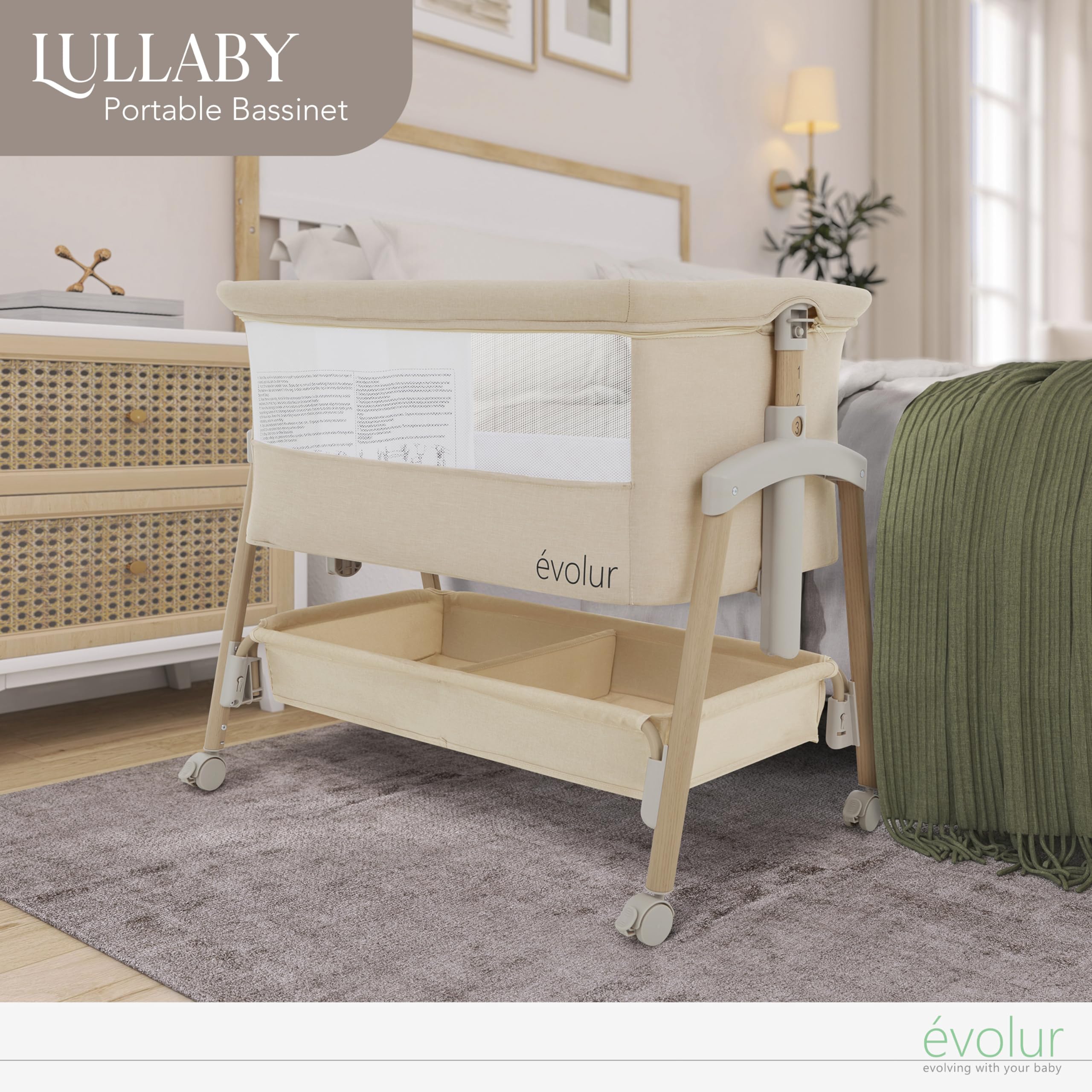 Evolur Lullaby Bedside Bassinet with Wheels, Seven Adjustable Heights, Breathable Mesh Sides Baby Bassinet, Large Storage Basket, Easy to Fold and Carry Travel Bassinet - Travel Bag Included