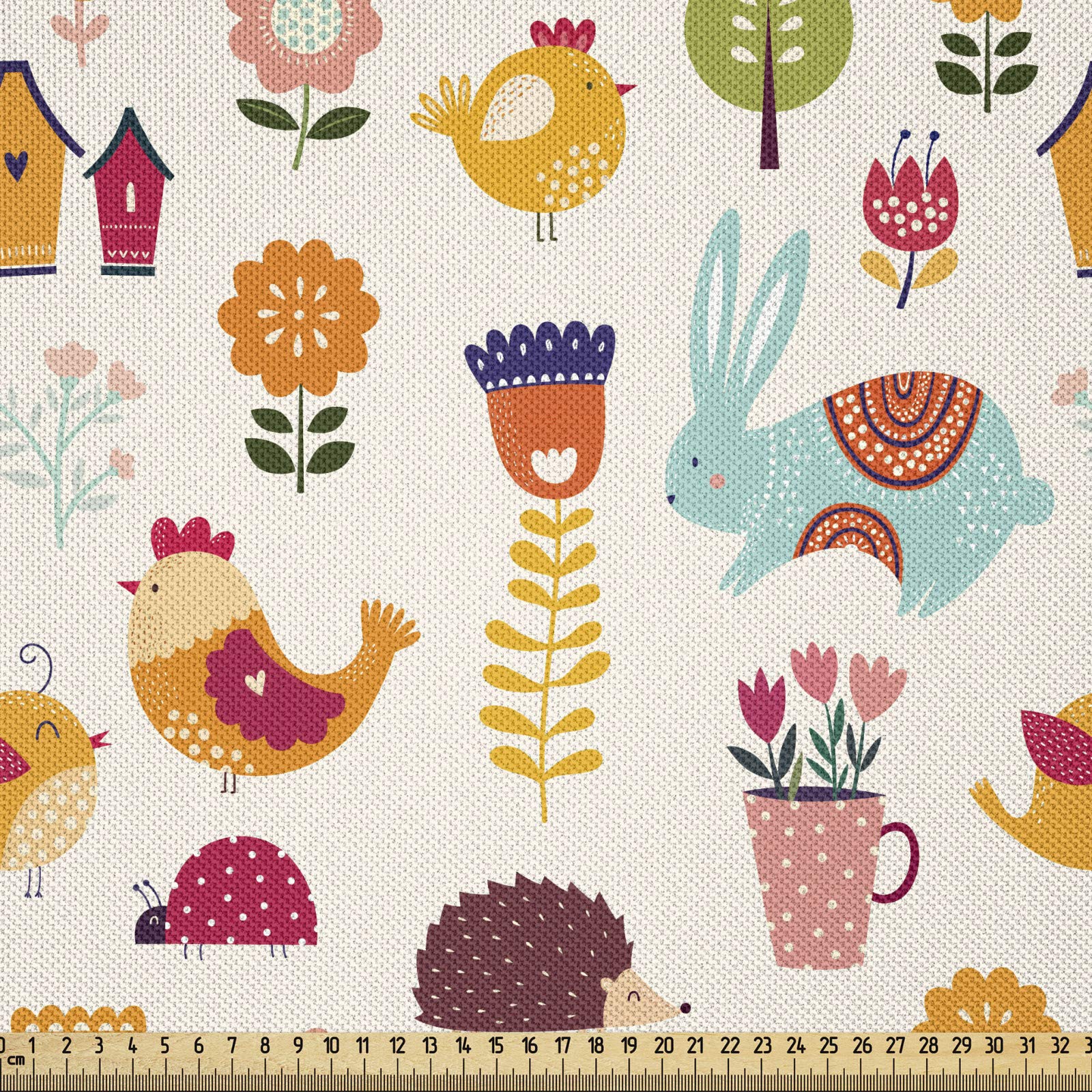 ABAKUHAUS Colorful Fabric by the Yard, Countryside Farming Theme with Little Bunny Chicken and Flowers in the Pots, Satin Fabric for Home Decor Textiles and Crafts, 1M (148x100cm), Multicolor