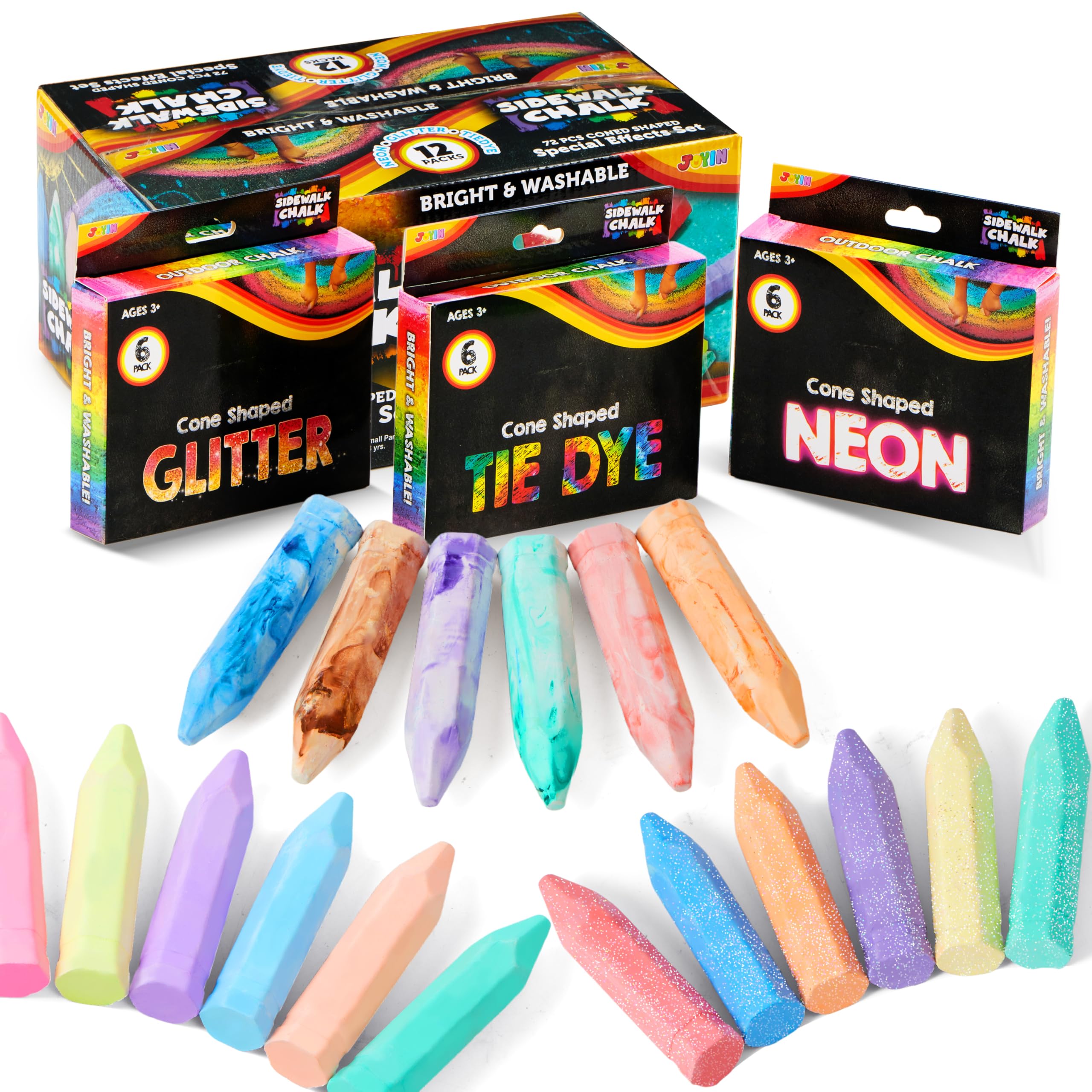 JOYIN 72 PCS Washable Sidewalk Chalk, 12 Packs Total, 3 Styles (Tie-Dye, Glitter & Neon), Outdoor Chalks for Painting, Drawing, Gifts for Kids
