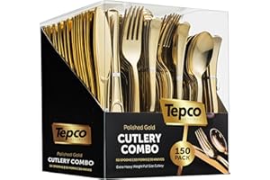 TEPCO SETTINGS 150 Gold Plastic Silverware Set - Disposable Flatware - 50 Forks, 50 Spoons, 50 Knives - Heavy Duty Cutlery for Party Bulk