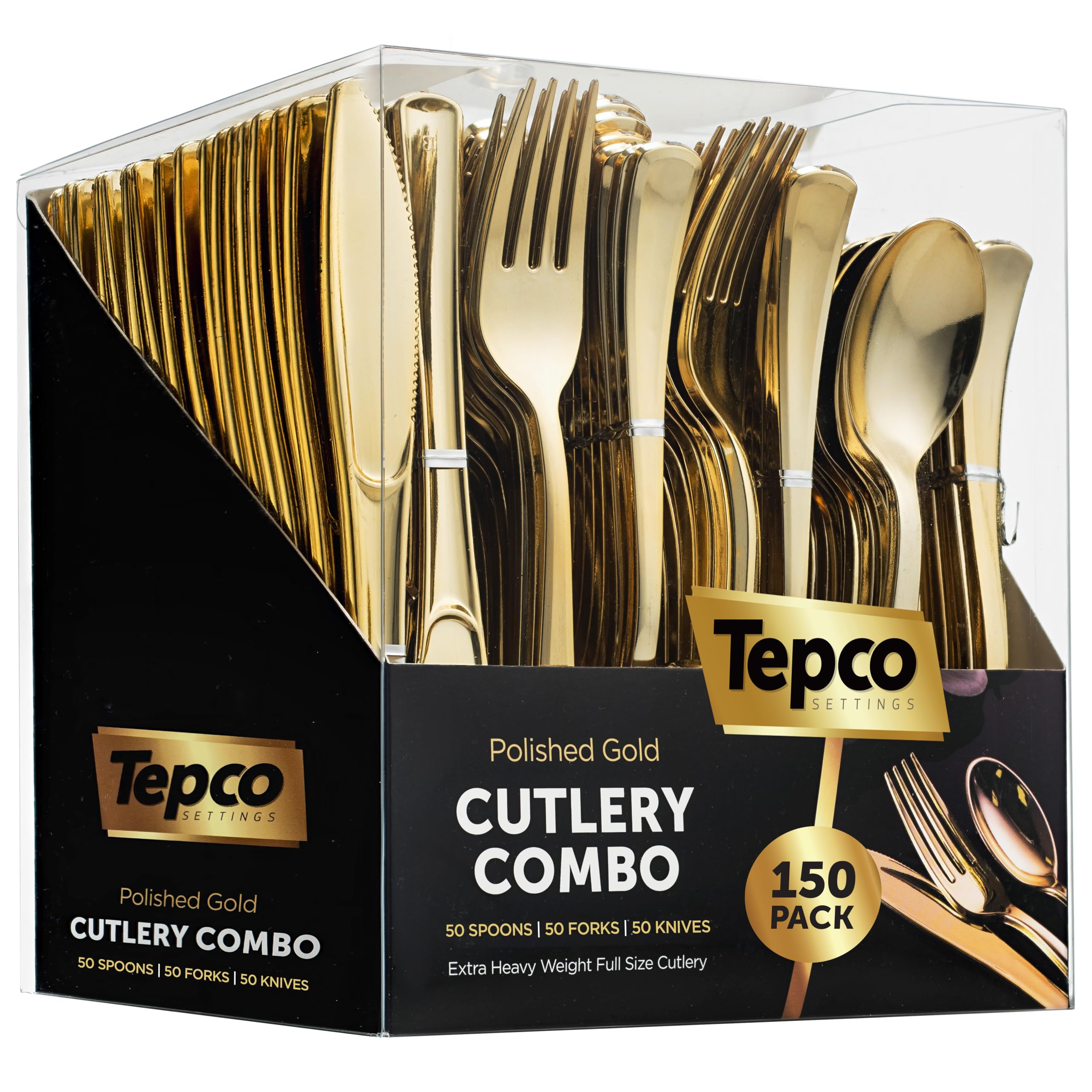 Photo 1 of 150 Gold Plastic Silverware Set - Disposable Flatware - 50 Forks, 50 Spoons, 50 Knives - Heavy Duty Cutlery for Party Bulk
