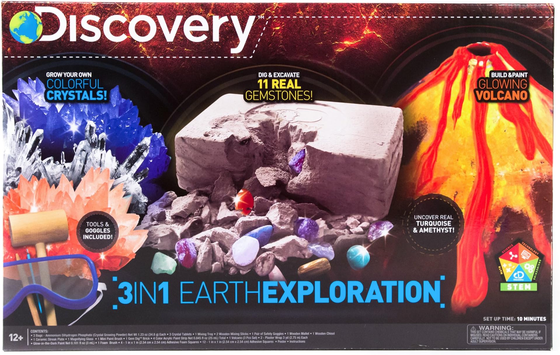 Discovery 3-In-1 Earth Exploration Stem Science Kit by Horizon Group Usa, Grow Colorful Crystals, Excavate & Dig 11 Real Gemstones, Build & Color Your Own Glowing Volcano
