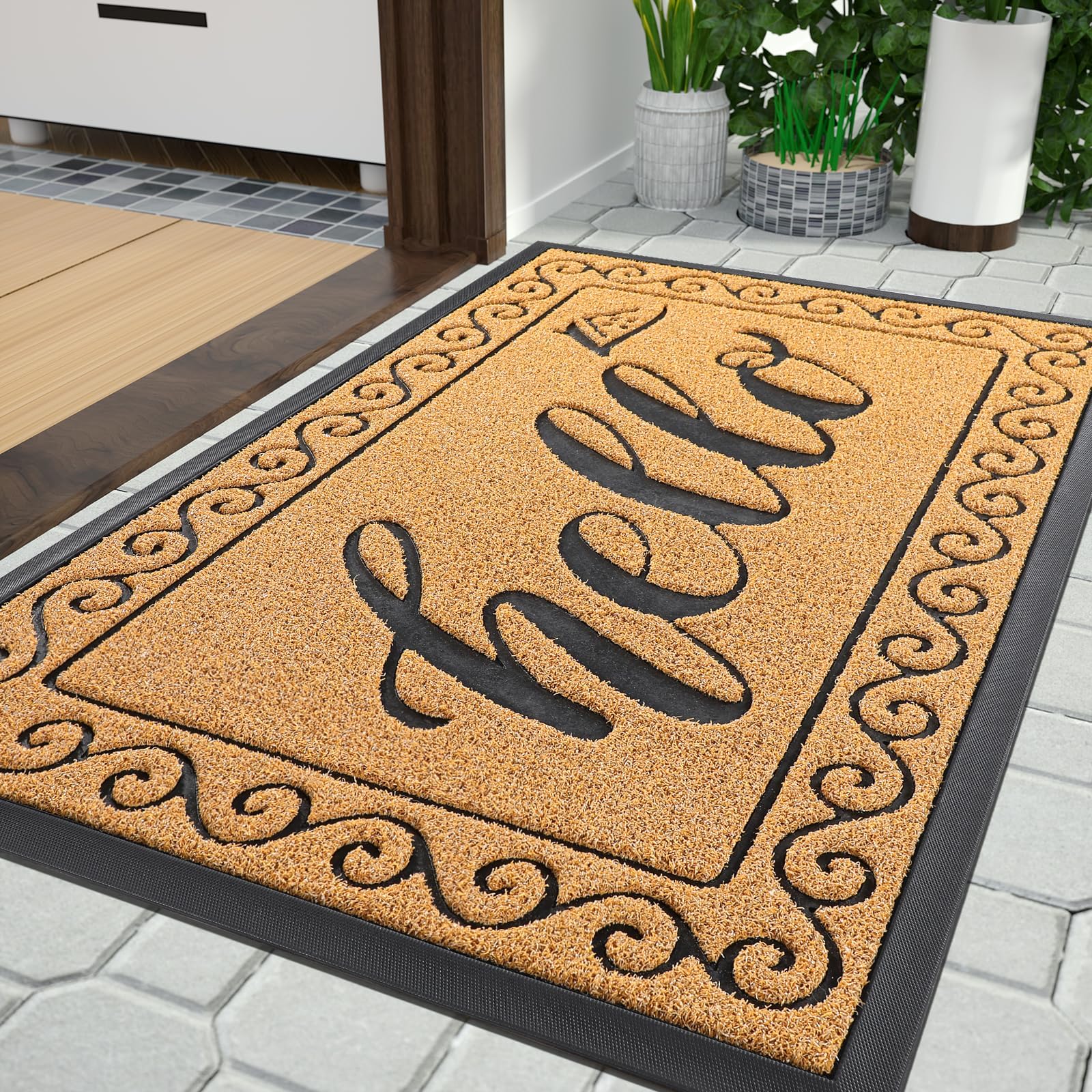 Yimobra Hello Front Door Mat, Heavy Duty Easy Clean Doormat Indoor Outdoor, Waterproof Quick Dry Floor Mat for Home, Garage, Hign Traffic Areas, Non Slip, Low Profile, 81x120 cm,Yellow