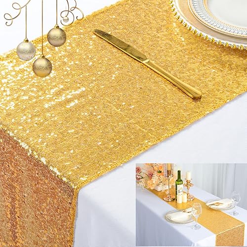 ShinyBeauty Gold Sequin Table Runner-12x72-Inch Party Table Runners Birthday Decoration Dining Table Runner Home Decor Wedding Table Runner