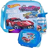 Get Trend Hot Wheels Water Bottle Lunch Box Lunch Bag Kids Set 3 Pcs Insulated Snack Bag for School Travel Gifts for Kids (Blue Hot Wheels)