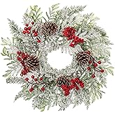 Christmas Wreath, 18 Inch Flocked Snow Wreath with Frosted Branches, Berries and Pine Cones for Front Door Decoration Indoor Window Wall Fireplace Xmas Décor