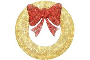 HOYECHI 48Inch 4FT Large Christmas Wreath - Pre-lit Plug-in Outdoor Christmas Wreaths with LED Lights,Extension Cable, Xmas Decorations for Door Outdoor Indoor Wall Home - Gold