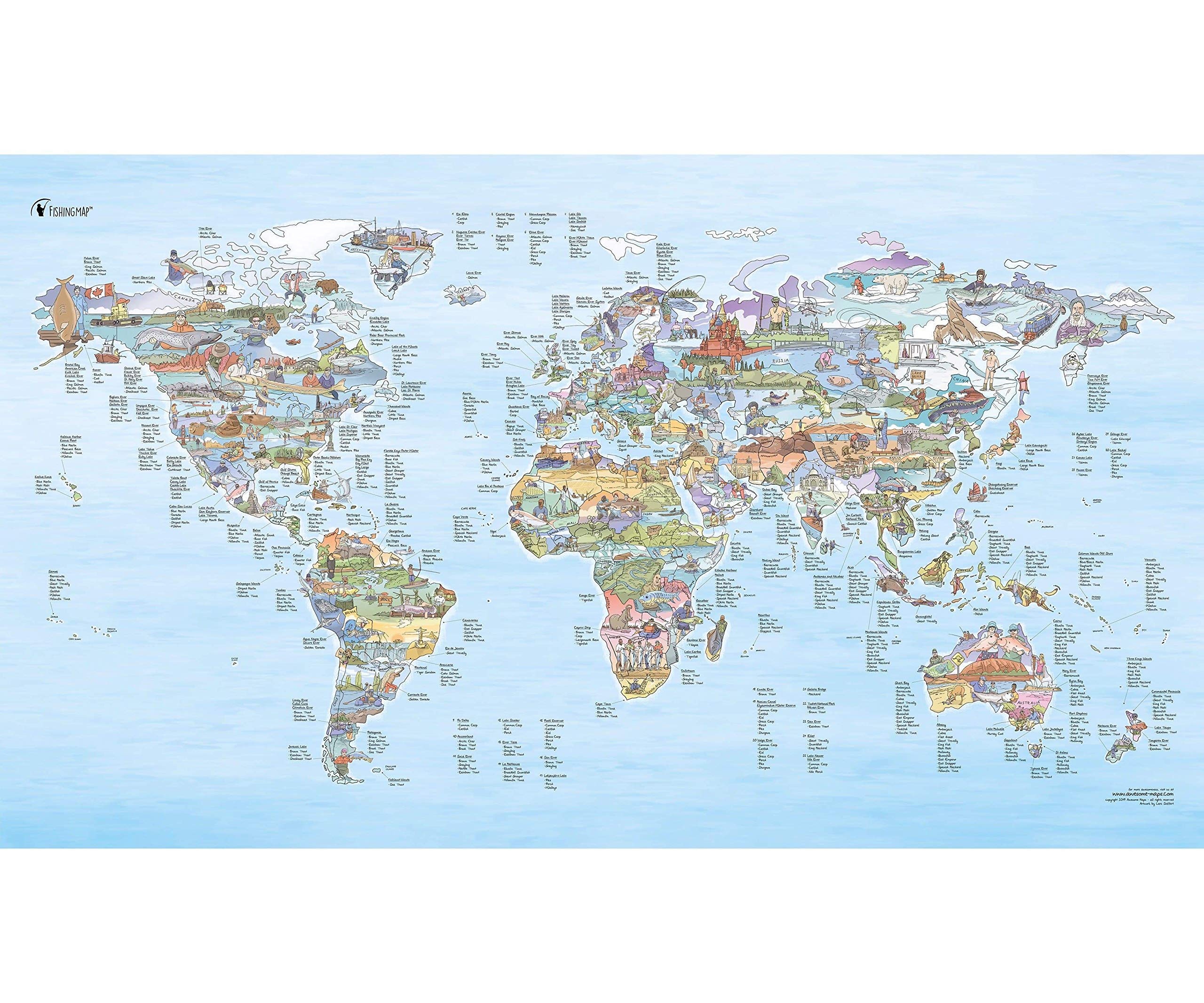 Fishing Spot Map by Awesome Maps - Illustrated World Map for Anglers and Fishermen - rewritable - 97.5 x 56 cm