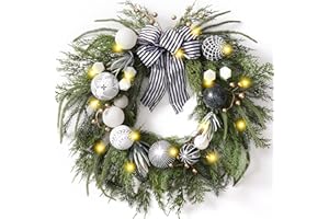 DECOR BY HANNAH Decorbyhannah Collapsible Christmas Wreath, 24 inch Prelit Norfolk Pine Wreaths for Front Door with Ornament, Aritificial Greenery Christmas Wreath Decorations with Lights (Boho Black & White)