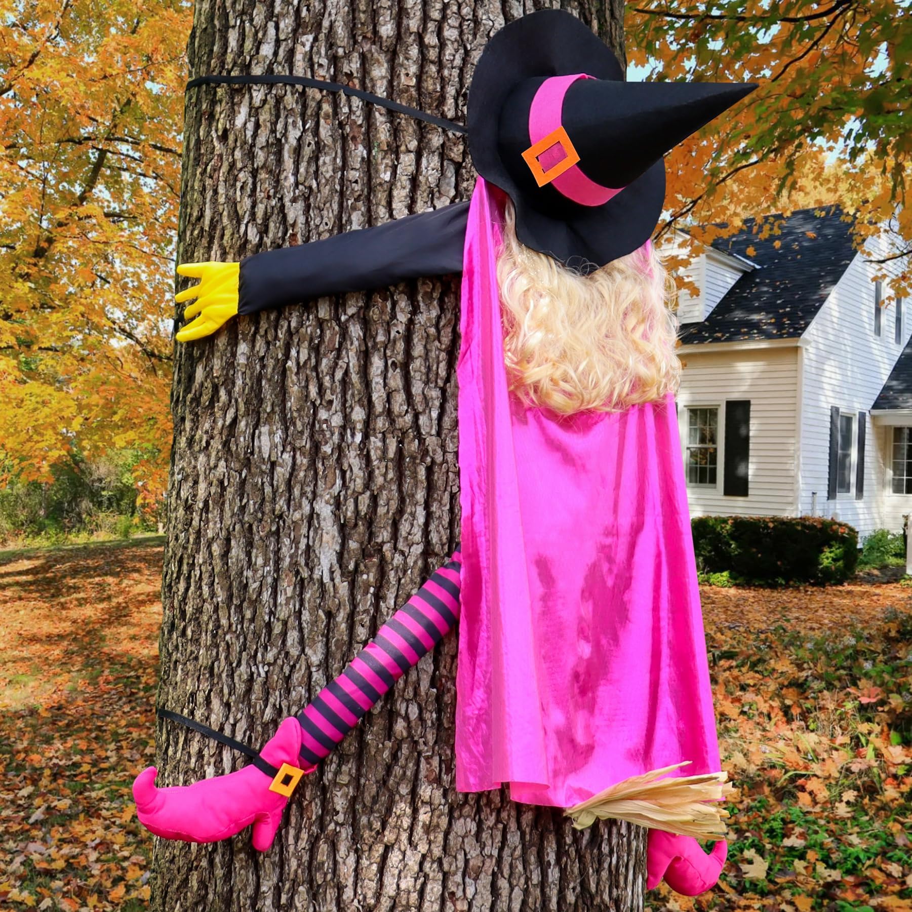 Giiffu Halloween Decoration 135 cm Pink Witch Tree Decoration, Funny Witch Against Tree for Outdoor Garden, Yard, Patio, Lawn, Porch, Fence, Window, Haunted House, Halloween Ornament โ image 1