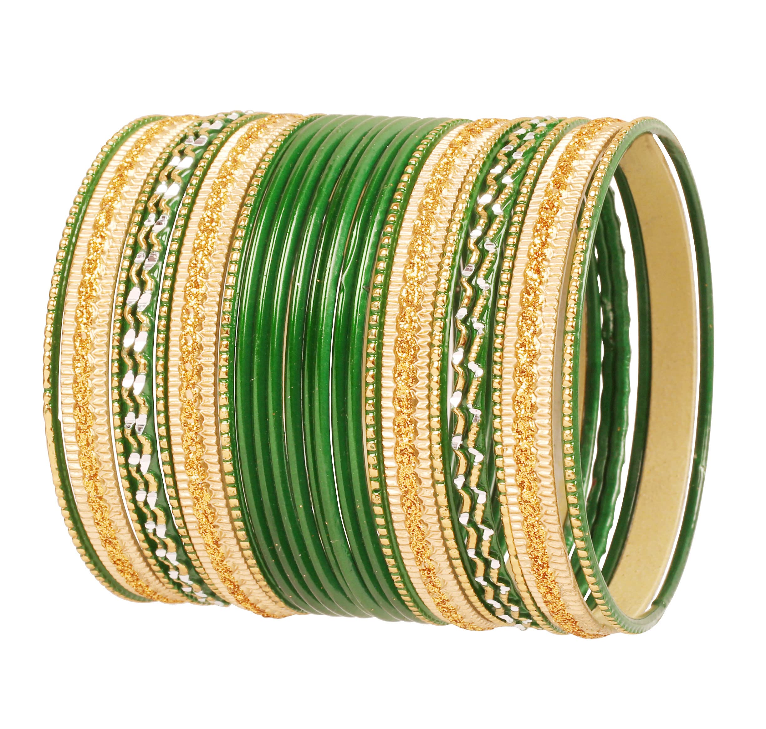 Touchstone New Colorful 2 Dozen Bangle Collection Indian Bollywood Alloy Metal Textured Forest Green Golden Special Large Size Bangle Bracelets Set of 24. in Antique Gold Tone for Women.