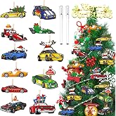 Glenmal 36 Pcs Christmas Car Ornament Wooden Tree Decor, Novel Style | Racing Car Ornament for Christmas Tree, Construction Truck, Police Taxi Hanging, with 2 Markers, Xmas for Gift Party Supplies