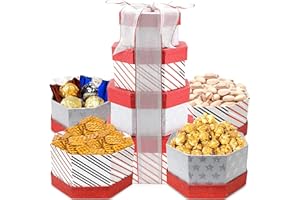 ANNA AND SARAH Christmas Tower Box, Party Mix, Gourmet Gift Tower Basket, Gift Basket, Waffle Pretzels, Salted Pistachios, Caramel Corn, Ferroro Rocher