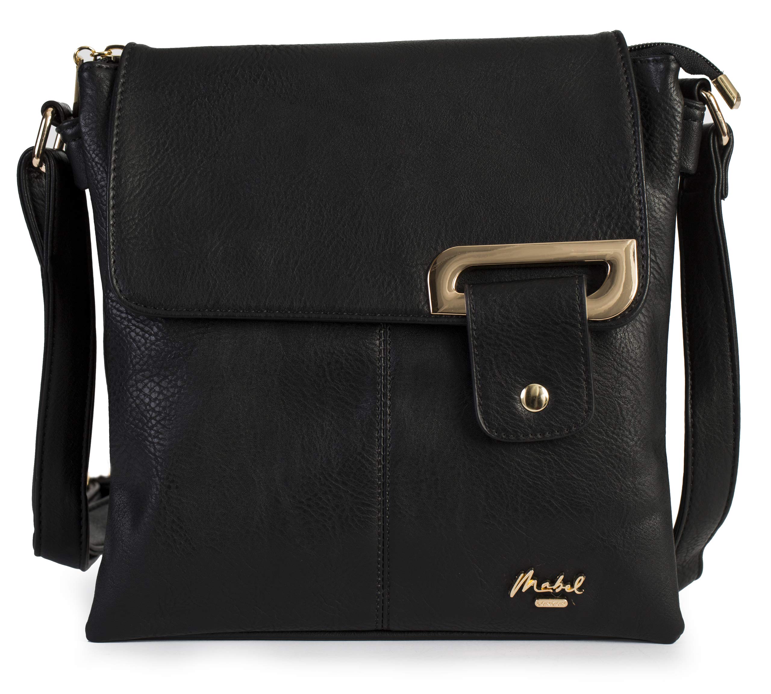 Mabel London Women's Crossbody Messenger Bag – Medium Shoulder Handbag with Adjustable Strap and Gold or Silver Trim – Faith (Black - Gold Trim)