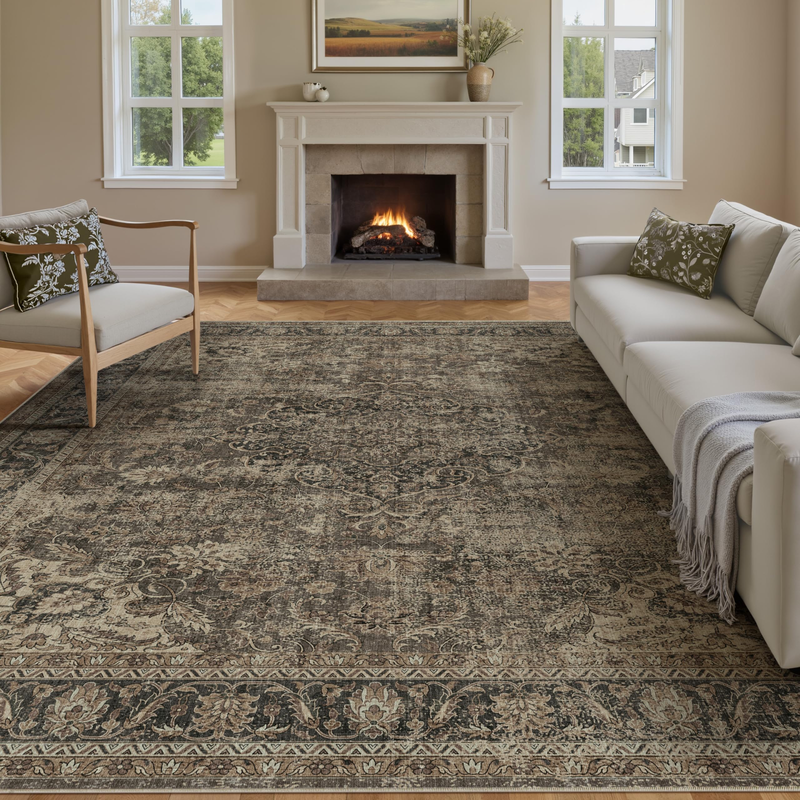 WondRg 8x10 Washable Brown Vintage Area Rug for