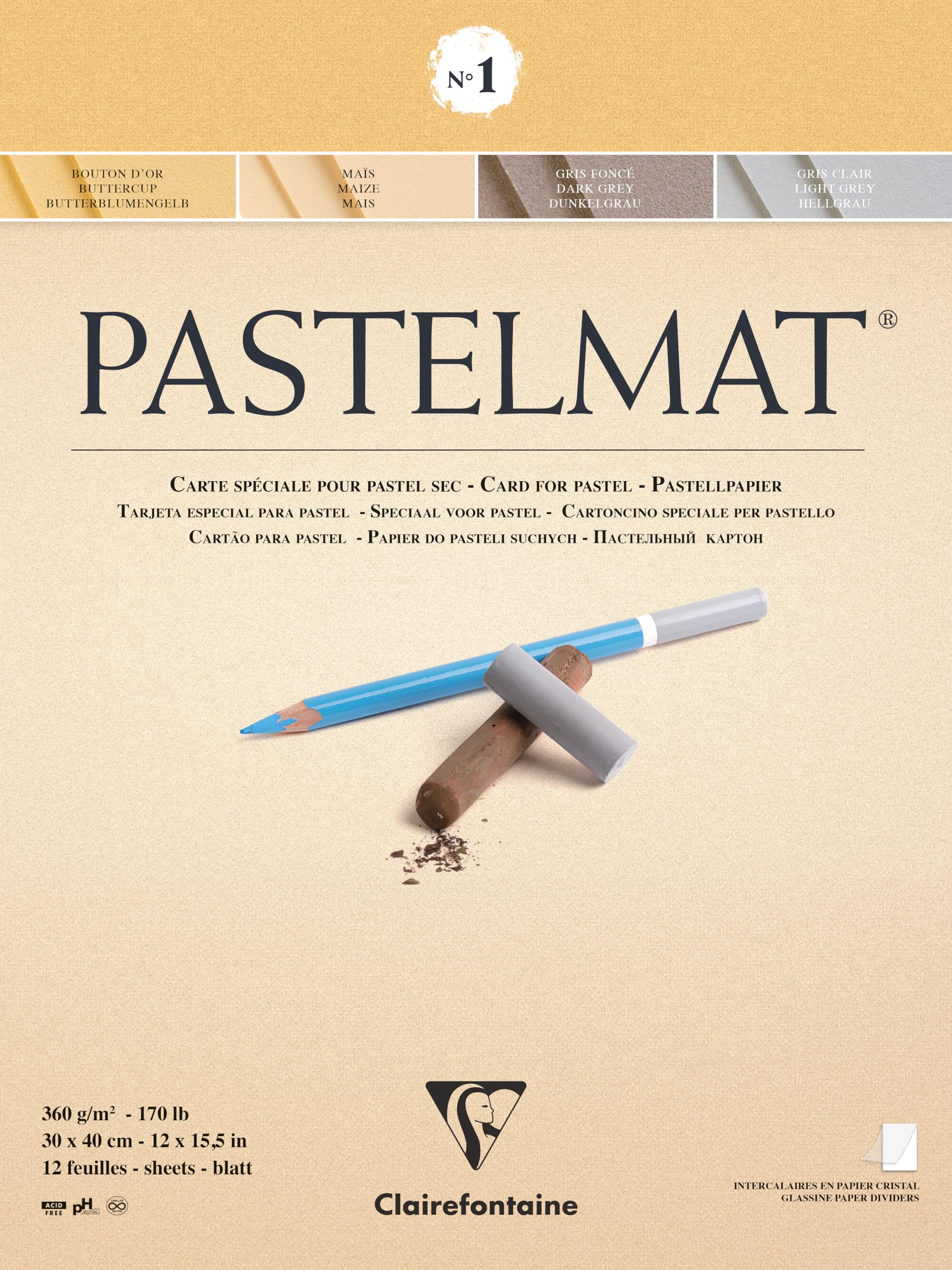 Clairefontaine - Ref 96018C - Pastelmat Pastel Card Pad No.1 (12 Sheets) - 360gsm Card - 30 x 40cm - Assorted Colours - Specially Formulated For Use With Pastels