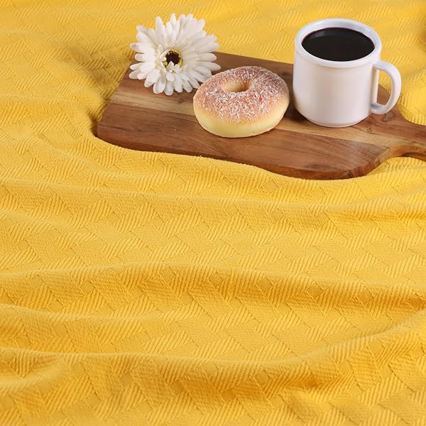 SUPERIOR BASKETWEAVE COTTON BLANKET, BASKET WEAVE DESIGN, SOFT, COMFY COVER FOR BED, BEDDING, BEDROOM, COUCH THROW, LOUNGING, MODERN BOHO MEDIUM WEIGHTED BLANKETS, FULL/QUEEN, GOLD