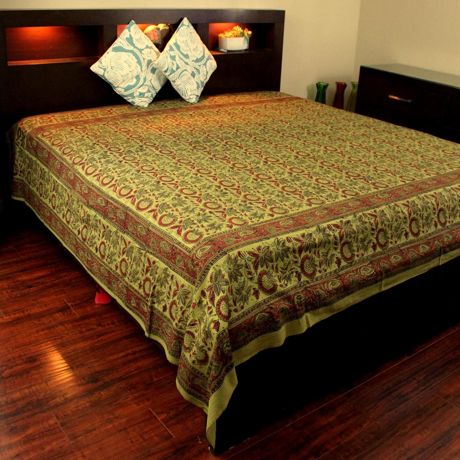 Floral Block Print Indian Tapestry Cotton Bedspread 108" x