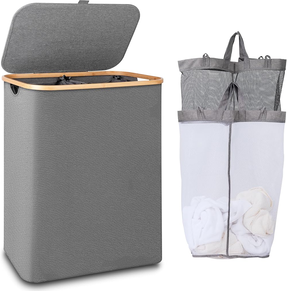 iEGrow 150L 2-Compartment Laundry Basket with Lid and Bamboo Handle Grey
