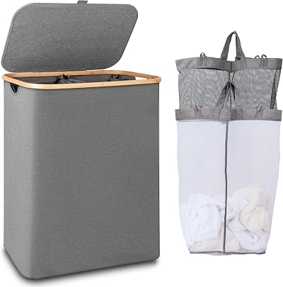 iEGrow 150L 2-Compartment Laundry Basket with Lid and Bamboo Handle Grey