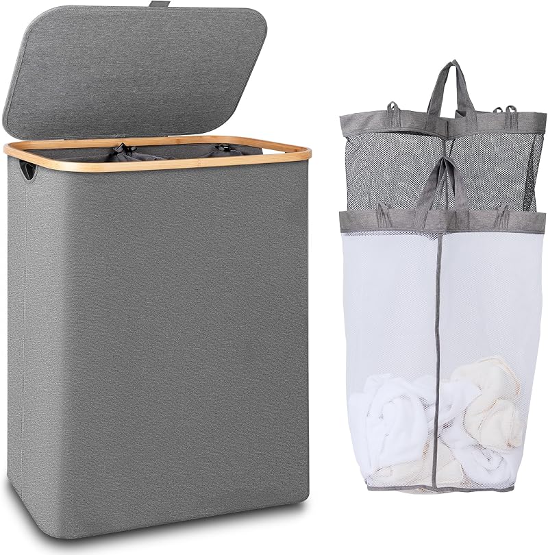 iEGrow 150L 2-Compartment Laundry Basket with Lid and Bamboo Handle Grey